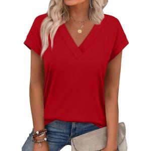 XIEERDUO Womens Summer Tops Short Sleeve Shrits 2026 Trendy V Neck Spring Outfits Beach Vacation Clothes(Red)