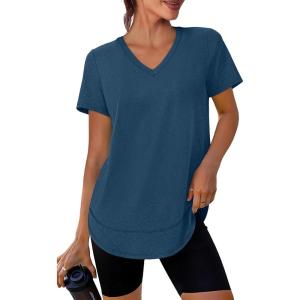 XIEERDUO Womens Workout Tops Short Sleeve Shirts Sun Protection UPF 50+ Quick Dry Outfits for Hiking Running V Neck S-3XL(10 Dark Navy Blue)