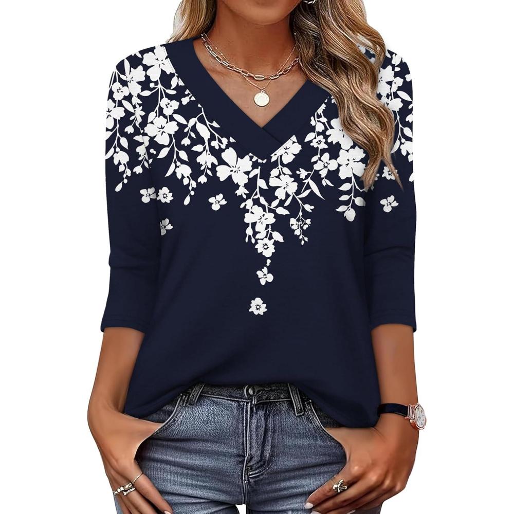 image:imageXIEERDUO 34 Length Sleeve Womens Tops V Neck T Shirts Summer Clothes Basic Blouses Dressy Casual 2026 Spring OutfitsPatternedblue Floral