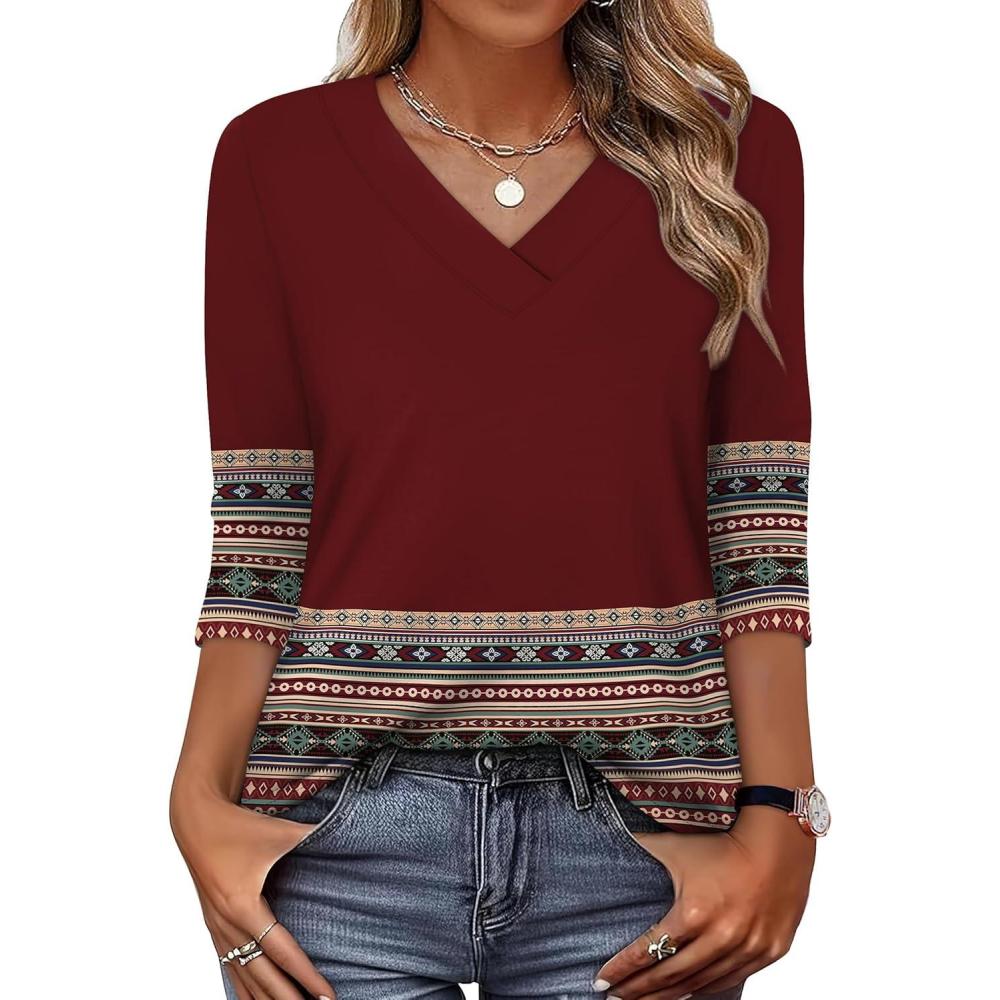 image:imageXIEERDUO 34 Length Sleeve Womens Tops V Neck T Shirts Summer Clothes Basic Blouses Dressy Casual 2026 Spring OutfitsPatternedboho Burgundy Print