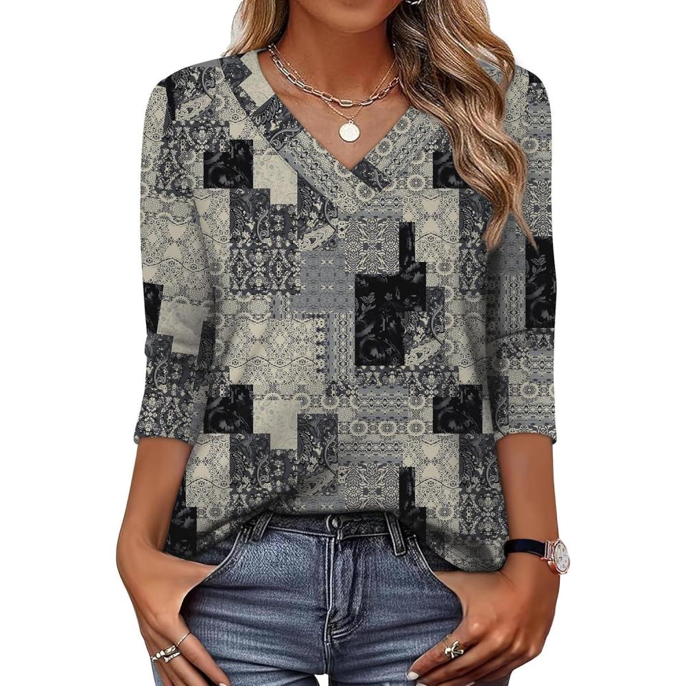image:imageXIEERDUO 34 Length Sleeve Womens Tops V Neck T Shirts Summer Clothes Basic Blouses Dressy Casual 2026 Spring OutfitsPatternedgray Print