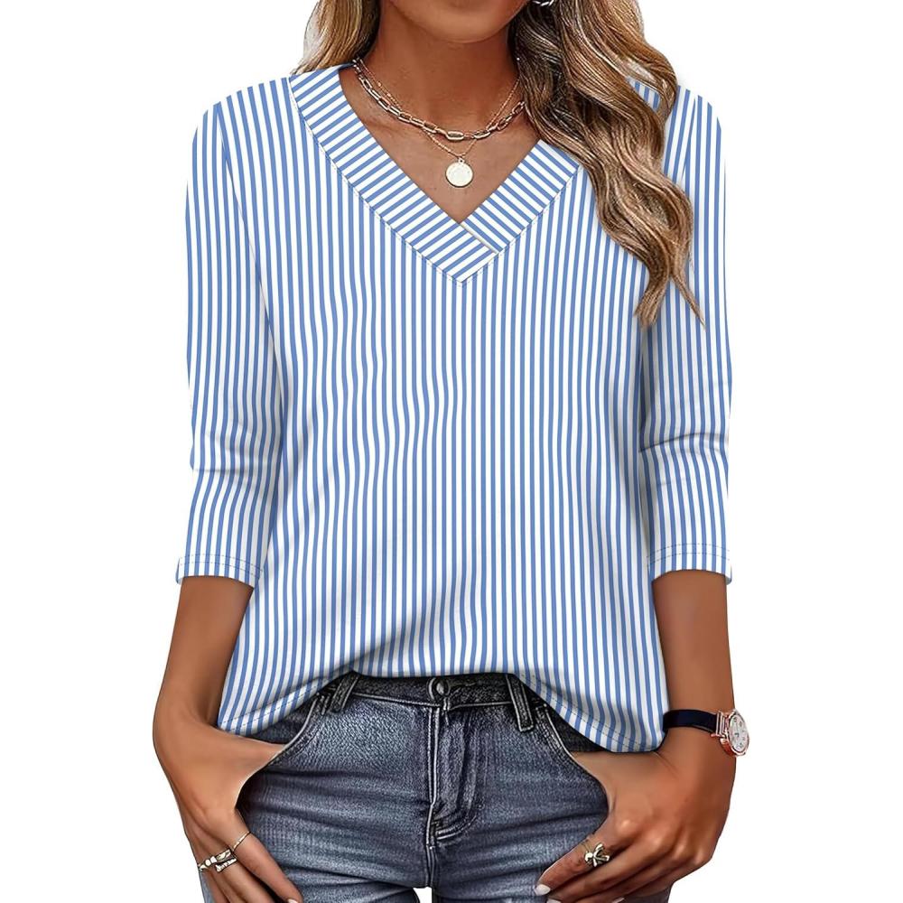 image:imageXIEERDUO 34 Length Sleeve Womens Tops V Neck T Shirts Summer Clothes Basic Blouses Dressy Casual 2026 Spring OutfitsPatternedsky Blue Striped