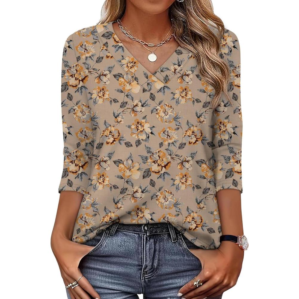 image:imageXIEERDUO 34 Length Sleeve Womens Tops V Neck T Shirts Summer Clothes Basic Blouses Dressy Casual 2026 Spring OutfitsPatternedsummer Floral