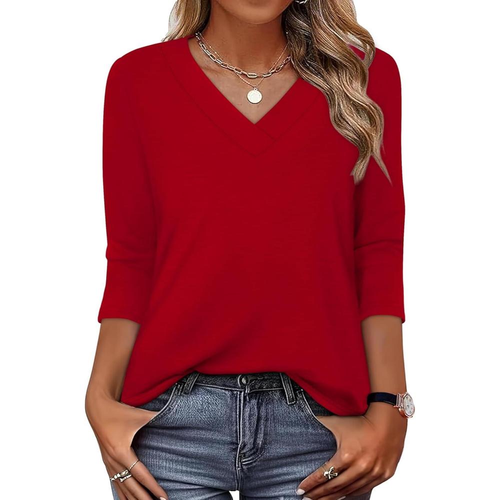 image:imageXIEERDUO 34 Length Sleeve Womens Tops V Neck T Shirts Summer Clothes Basic Blouses Dressy Casual 2026 Spring OutfitsRed