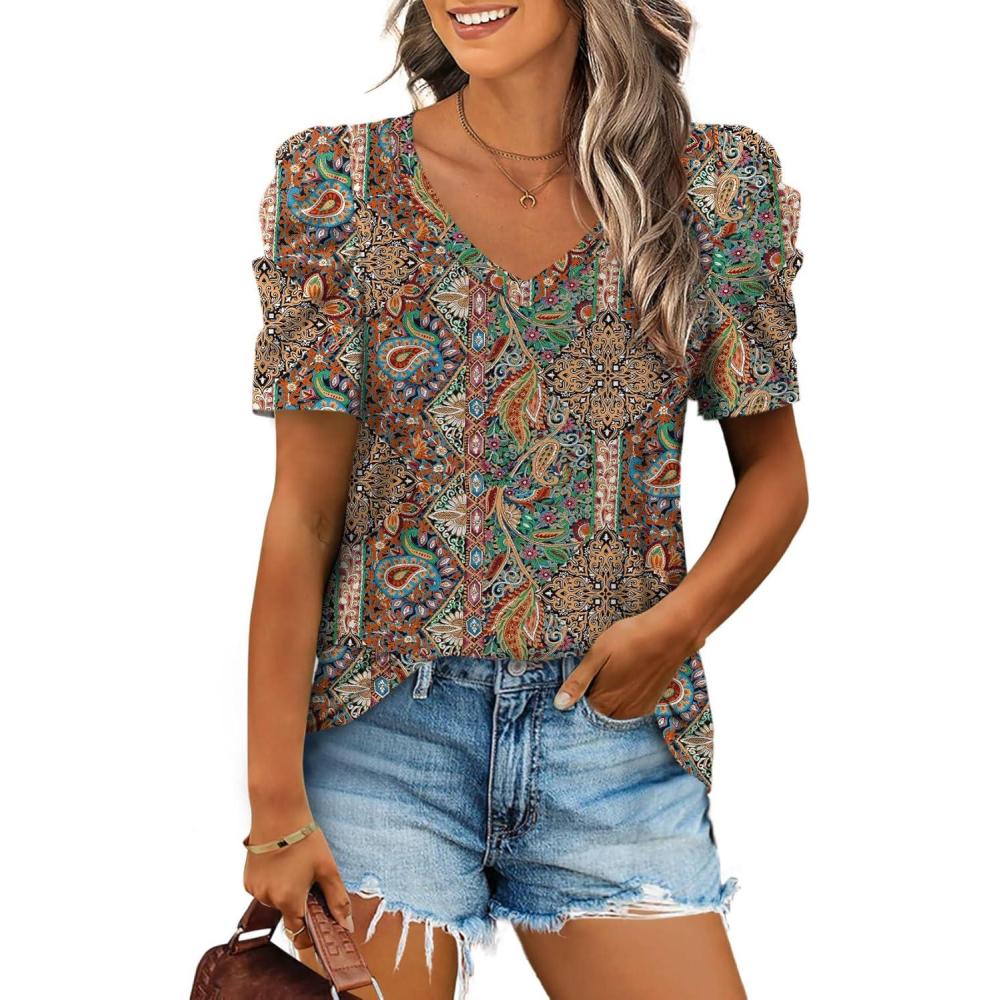 image:imageXIEERDUO Womens Summer Shirt V Neck Casual Tshirts Puff Sleeve Tops for Women Solid Color XS3XL21black Printed