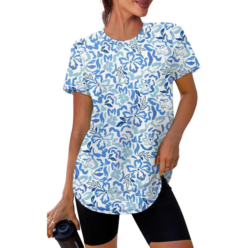 image:imageXIEERDUO Womens Workout Tops Short Sleeve Shirts Sun Protection UPF 50 Quick Dry Outfits for Hiking Running S3XL23 Blue White Floral