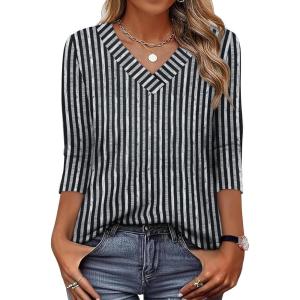 XIEERDUO 3/4 Length Sleeve Womens Tops V Neck T Shirts Summer Clothes Basic Blouses Dressy Casual 2026 Spring Outfits(Patterned-black Striped)