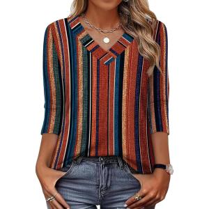 XIEERDUO 3/4 Length Sleeve Womens Tops V Neck T Shirts Summer Clothes Basic Blouses Dressy Casual 2026 Spring Outfits(Patterned-boho Brown Striped)