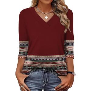 XIEERDUO 3/4 Length Sleeve Womens Tops V Neck T Shirts Summer Clothes Basic Blouses Dressy Casual 2026 Spring Outfits(Patterned-boho Burgundy Print)