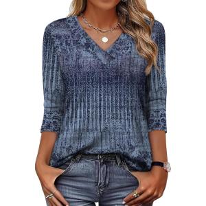 XIEERDUO 3/4 Length Sleeve Womens Tops V Neck T Shirts Summer Clothes Basic Blouses Dressy Casual 2026 Spring Outfits(Patterned-boho Navy)