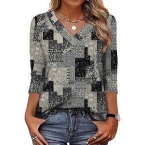 XIEERDUO 3/4 Length Sleeve Womens Tops V Neck T Shirts Summer Clothes Basic Blouses Dressy Casual 2026 Spring Outfits(Patterned-gray Print)
