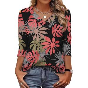 XIEERDUO 3/4 Length Sleeve Womens Tops V Neck T Shirts Summer Clothes Basic Blouses Dressy Casual 2026 Spring Outfits(Patterned-pink Leafs)