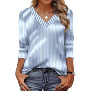 XIEERDUO 3/4 Length Sleeve Womens Tops V Neck T Shirts Summer Clothes Basic Blouses Dressy Casual 2026 Spring Outfits(Patterned-sky Blue Striped)