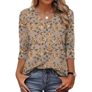 XIEERDUO 3/4 Length Sleeve Womens Tops V Neck T Shirts Summer Clothes Basic Blouses Dressy Casual 2026 Spring Outfits(Patterned-summer Floral)