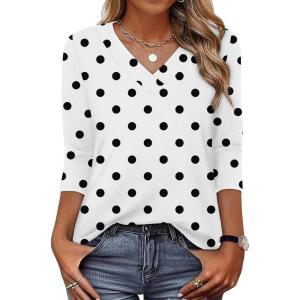 XIEERDUO 3/4 Length Sleeve Womens Tops V Neck T Shirts Summer Clothes Basic Blouses Dressy Casual 2026 Spring Outfits(Polka Dots)
