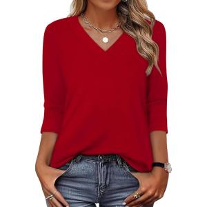 XIEERDUO 3/4 Length Sleeve Womens Tops V Neck T Shirts Summer Clothes Basic Blouses Dressy Casual 2026 Spring Outfits(Red)