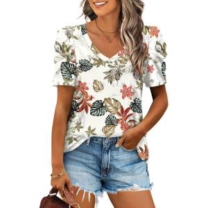 XIEERDUO Womens Summer Shirt V Neck Casual Tshirts Puff Sleeve Tops for Women Solid Color XS-3XL(21-beige Printed)