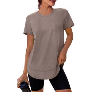 XIEERDUO Womens Workout Tops Short Sleeve Shirts Sun Protection UPF 50+ Quick Dry Outfits for Hiking Running S-3XL(16 Brown)
