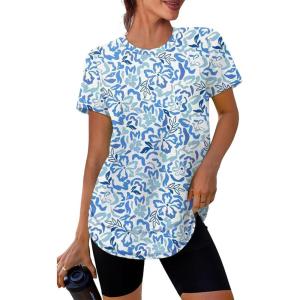 XIEERDUO Womens Workout Tops Short Sleeve Shirts Sun Protection UPF 50+ Quick Dry Outfits for Hiking Running S-3XL(23 Blue White Floral)