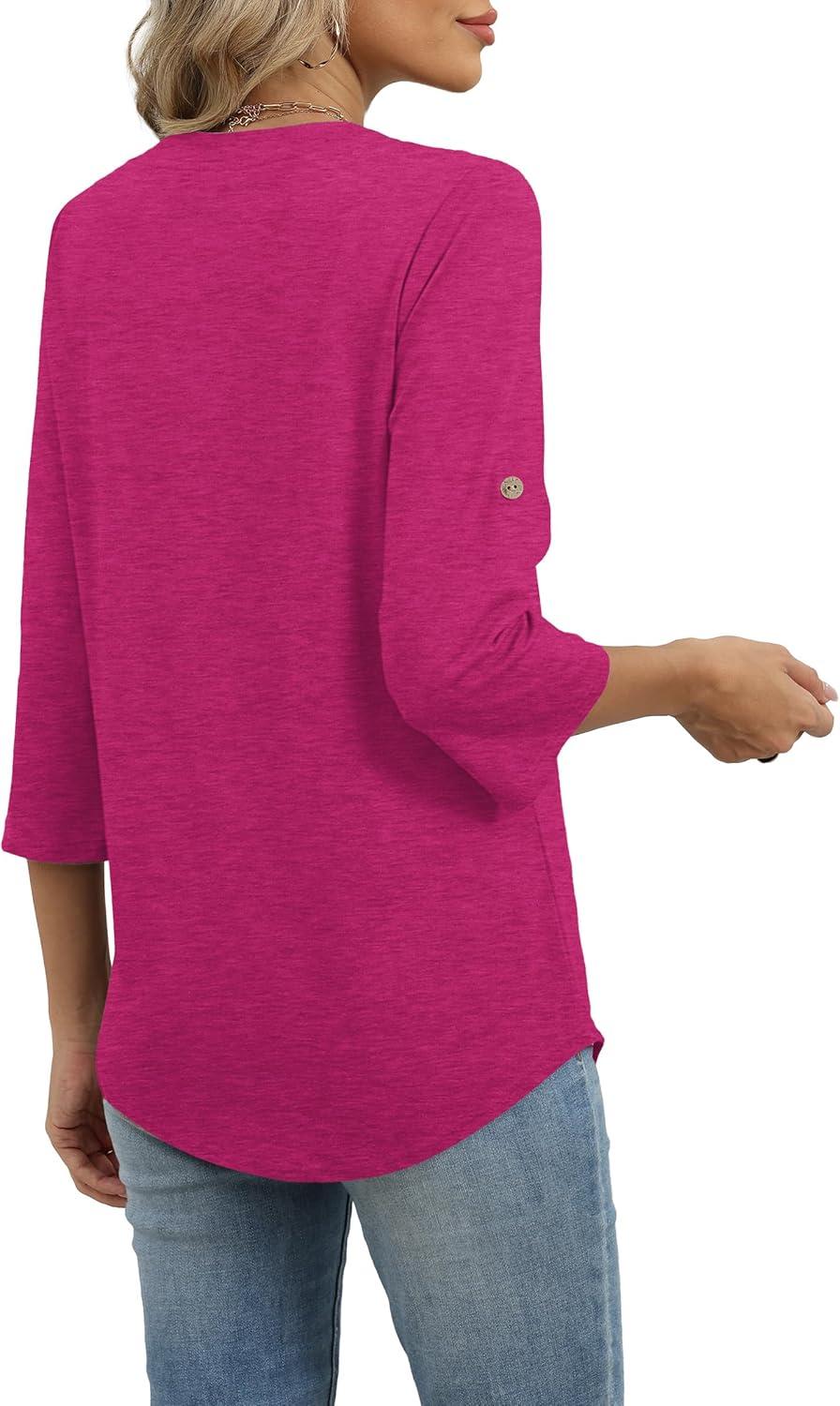 image:imageXIEERDUO 34 Length Sleeve Womens Tops V Neck T Shirts Both Side Buttons Blouses Business Casual Outfits Loose FitHot Pink