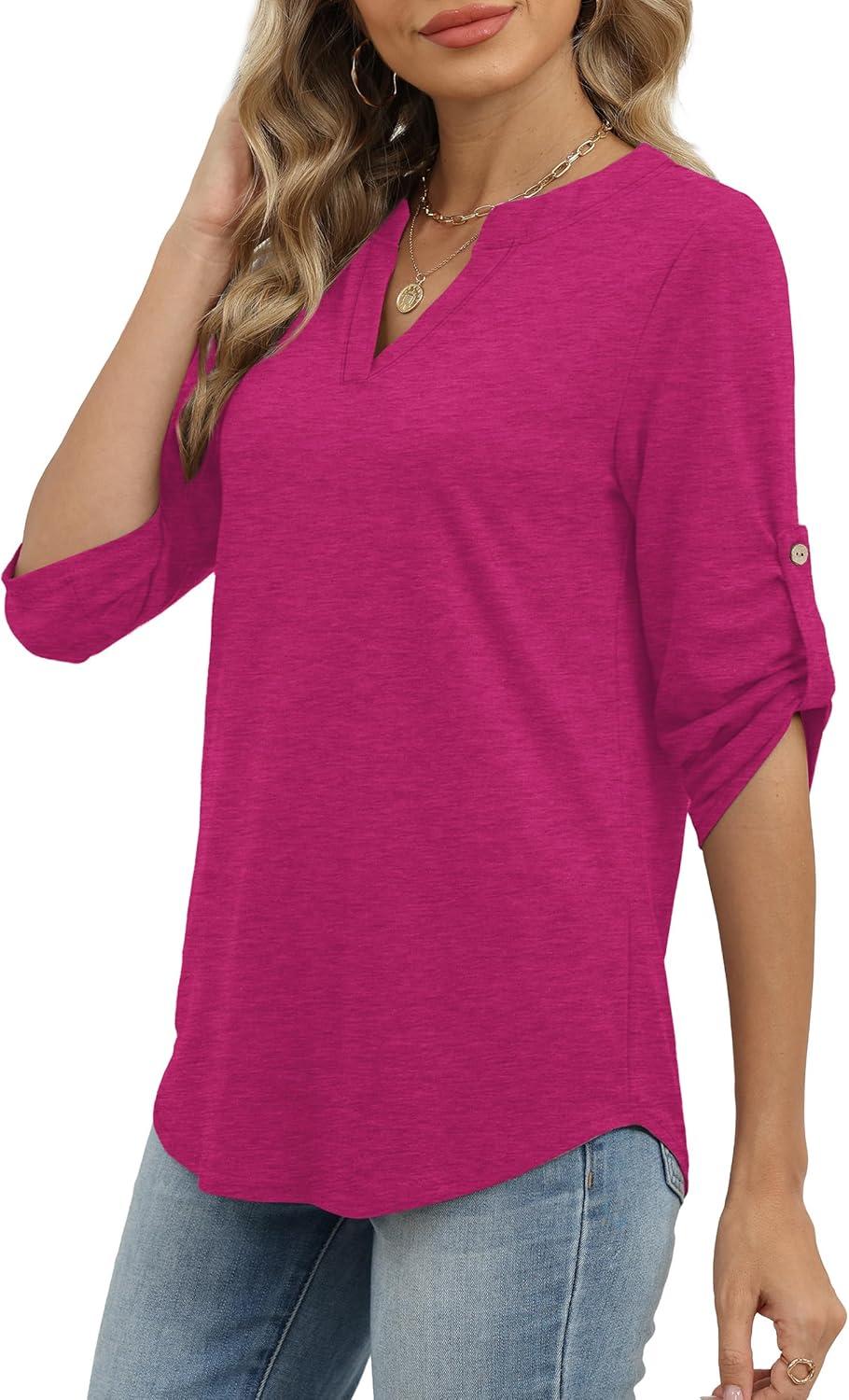 image:imageXIEERDUO 34 Length Sleeve Womens Tops V Neck T Shirts Both Side Buttons Blouses Business Casual Outfits Loose FitHot Pink