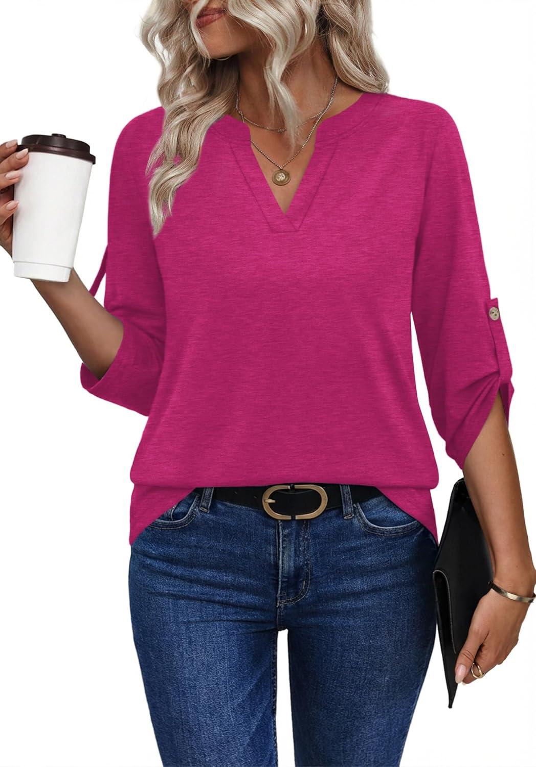 image:imageXIEERDUO 34 Length Sleeve Womens Tops V Neck T Shirts Both Side Buttons Blouses Business Casual Outfits Loose FitHot Pink