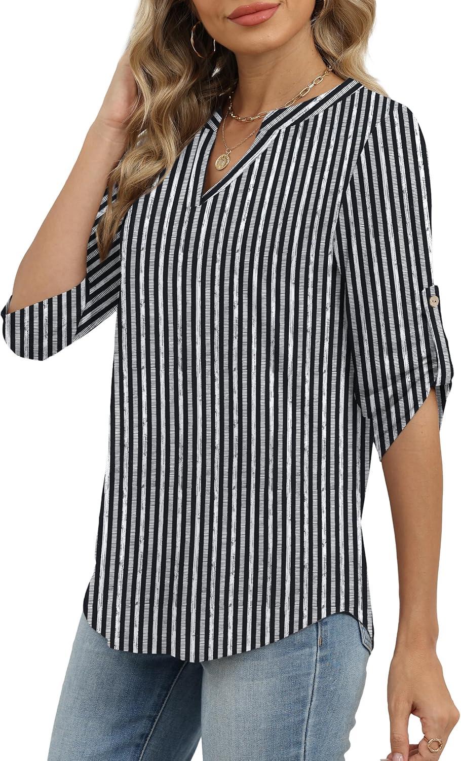 image:imageXIEERDUO 34 Length Sleeve Womens Tops V Neck T Shirts Both Side Buttons Blouses Business Casual Outfits Loose FitZ Black White Gray
