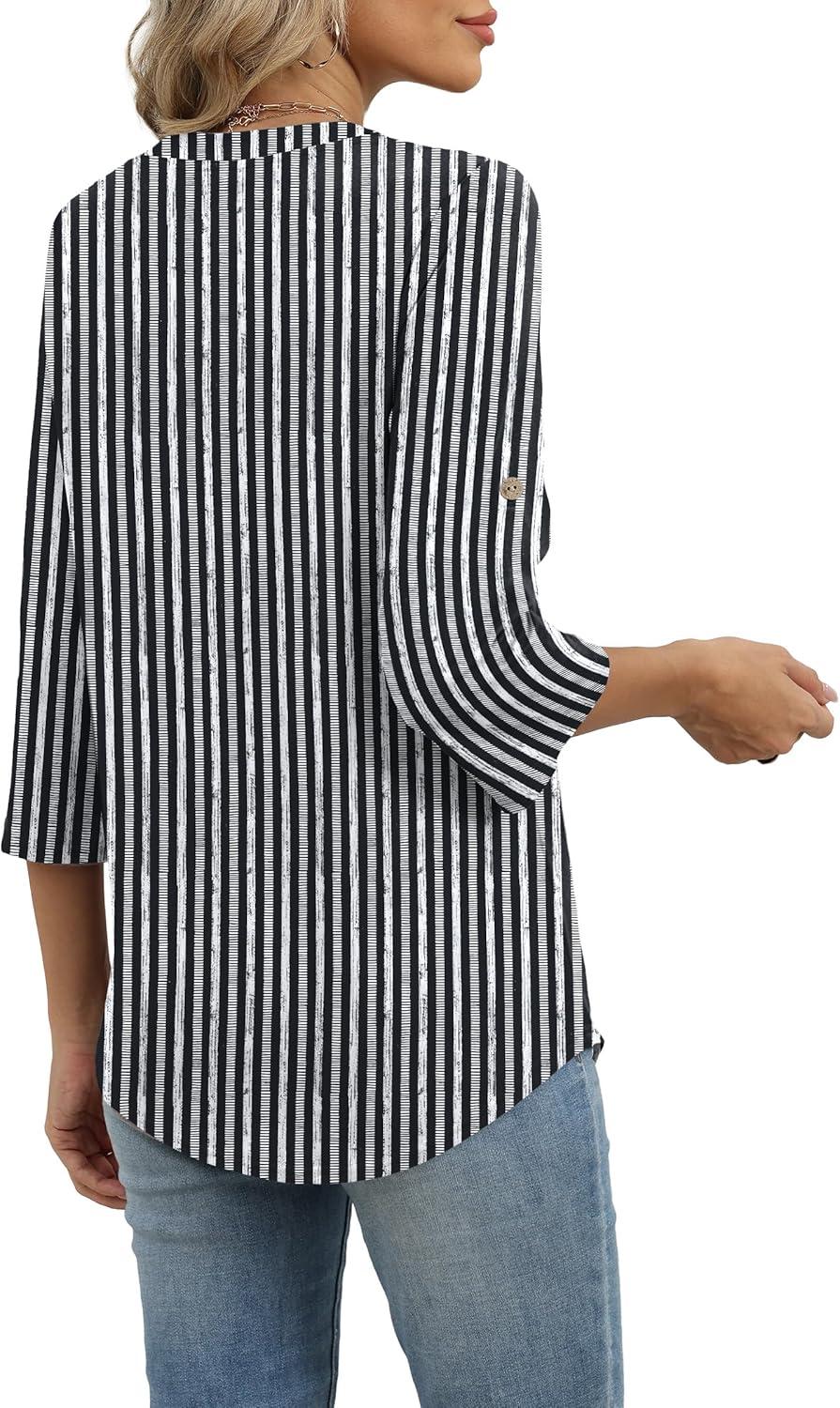 image:imageXIEERDUO 34 Length Sleeve Womens Tops V Neck T Shirts Both Side Buttons Blouses Business Casual Outfits Loose FitZ Black White Gray