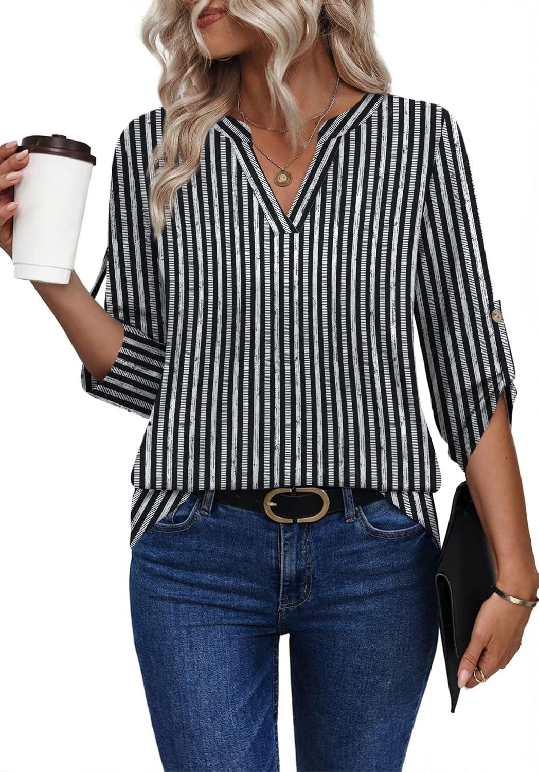 image:imageXIEERDUO 34 Length Sleeve Womens Tops V Neck T Shirts Both Side Buttons Blouses Business Casual Outfits Loose FitZ Black White Gray