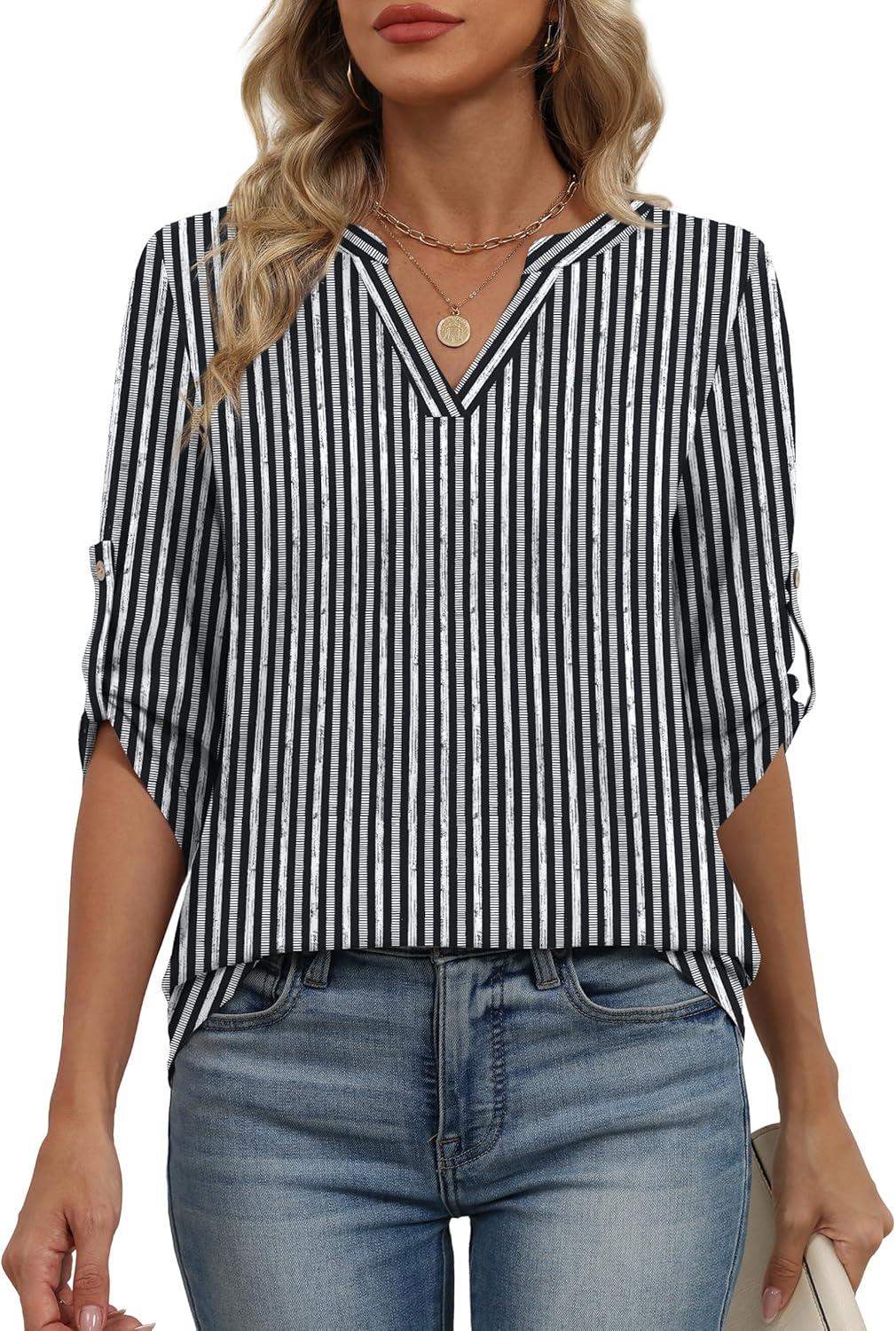 image:imageXIEERDUO 34 Length Sleeve Womens Tops V Neck T Shirts Both Side Buttons Blouses Business Casual Outfits Loose FitZ Black White Gray