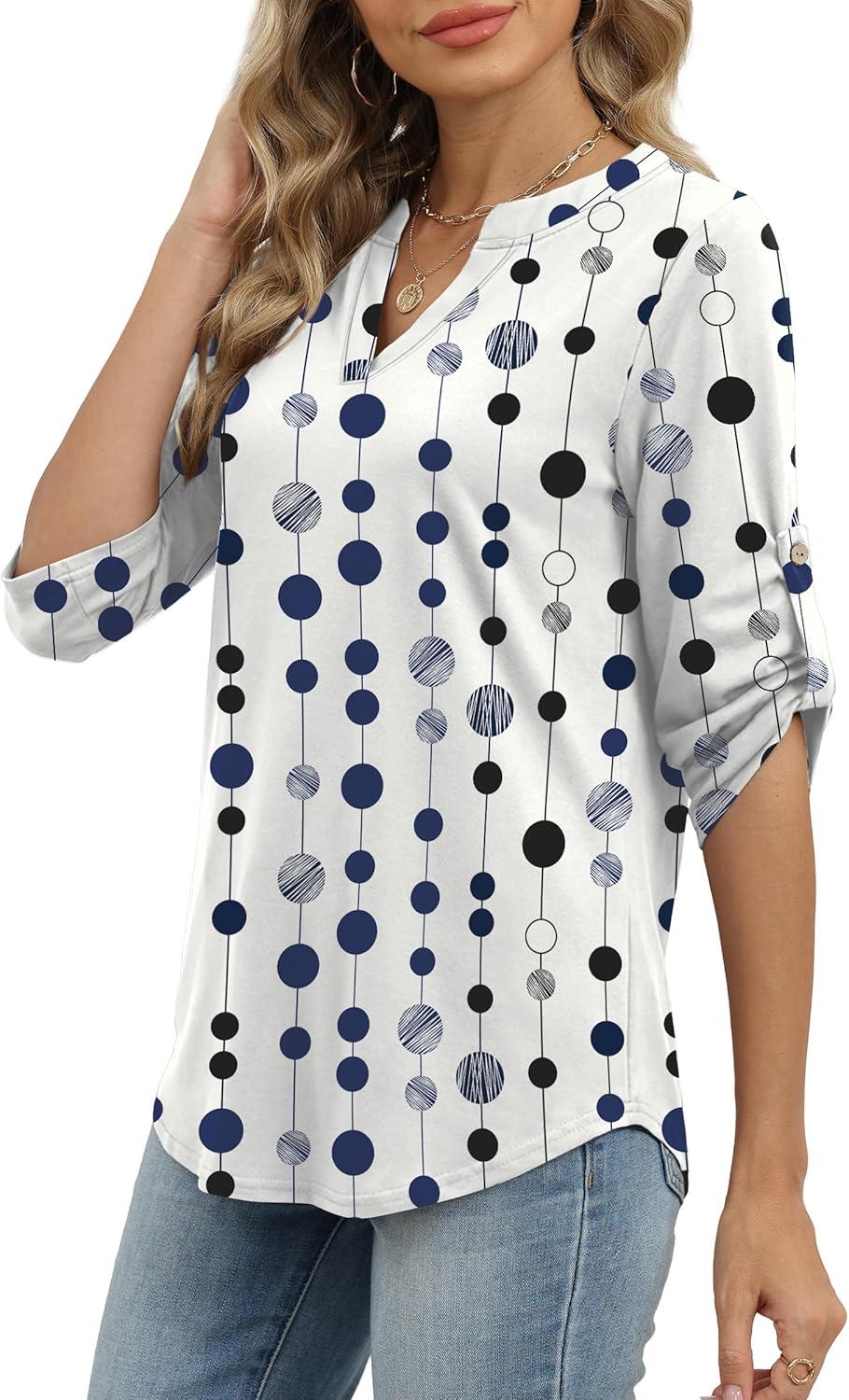 image:imageXIEERDUO 34 Length Sleeve Womens Tops V Neck T Shirts Both Side Buttons Blouses Business Casual Outfits Loose FitZ Polka Dot Print