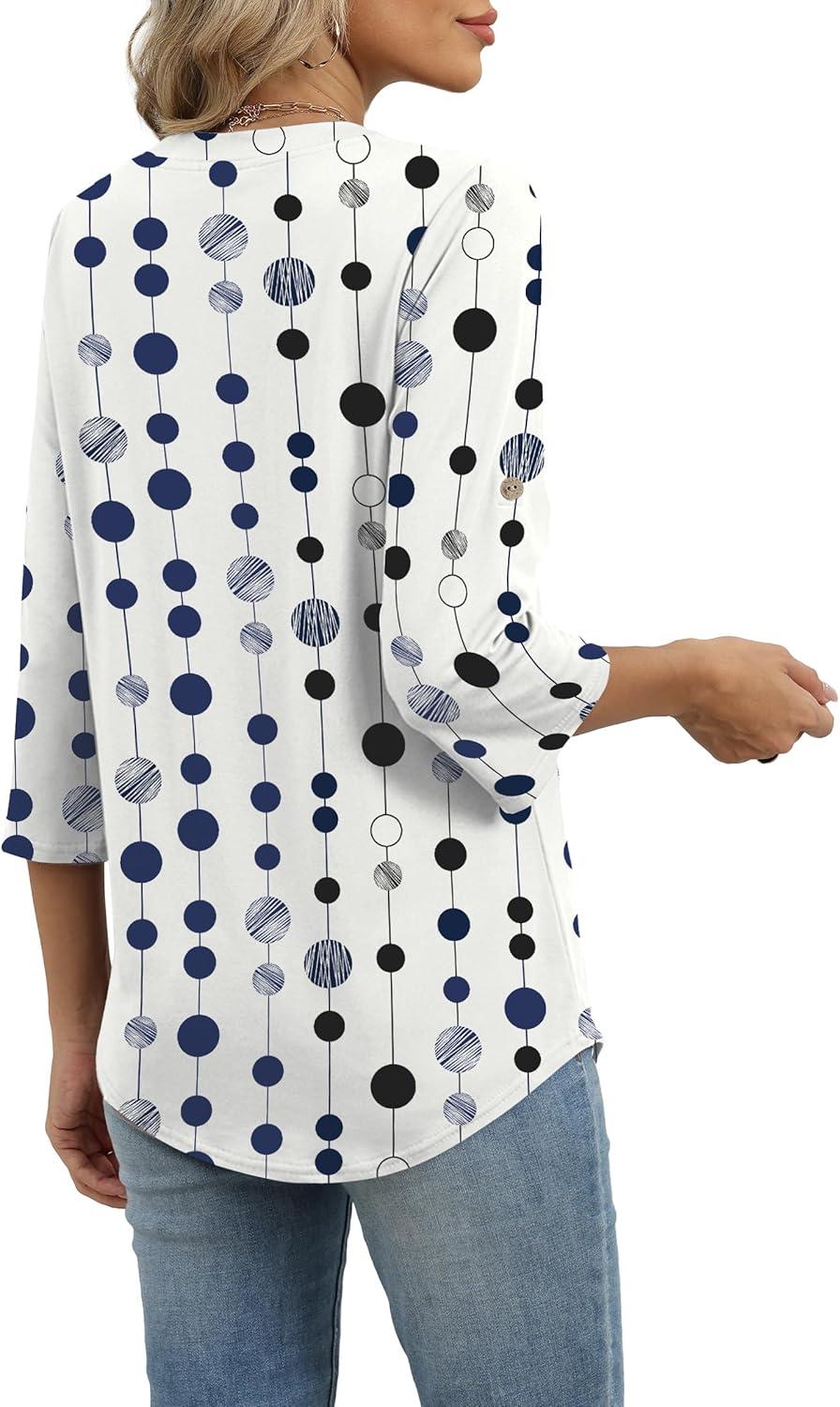 image:imageXIEERDUO 34 Length Sleeve Womens Tops V Neck T Shirts Both Side Buttons Blouses Business Casual Outfits Loose FitZ Polka Dot Print