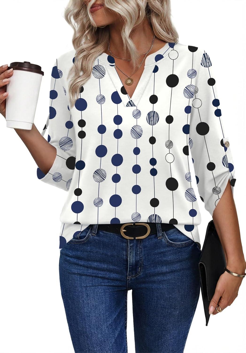 image:imageXIEERDUO 34 Length Sleeve Womens Tops V Neck T Shirts Both Side Buttons Blouses Business Casual Outfits Loose FitZ Polka Dot Print