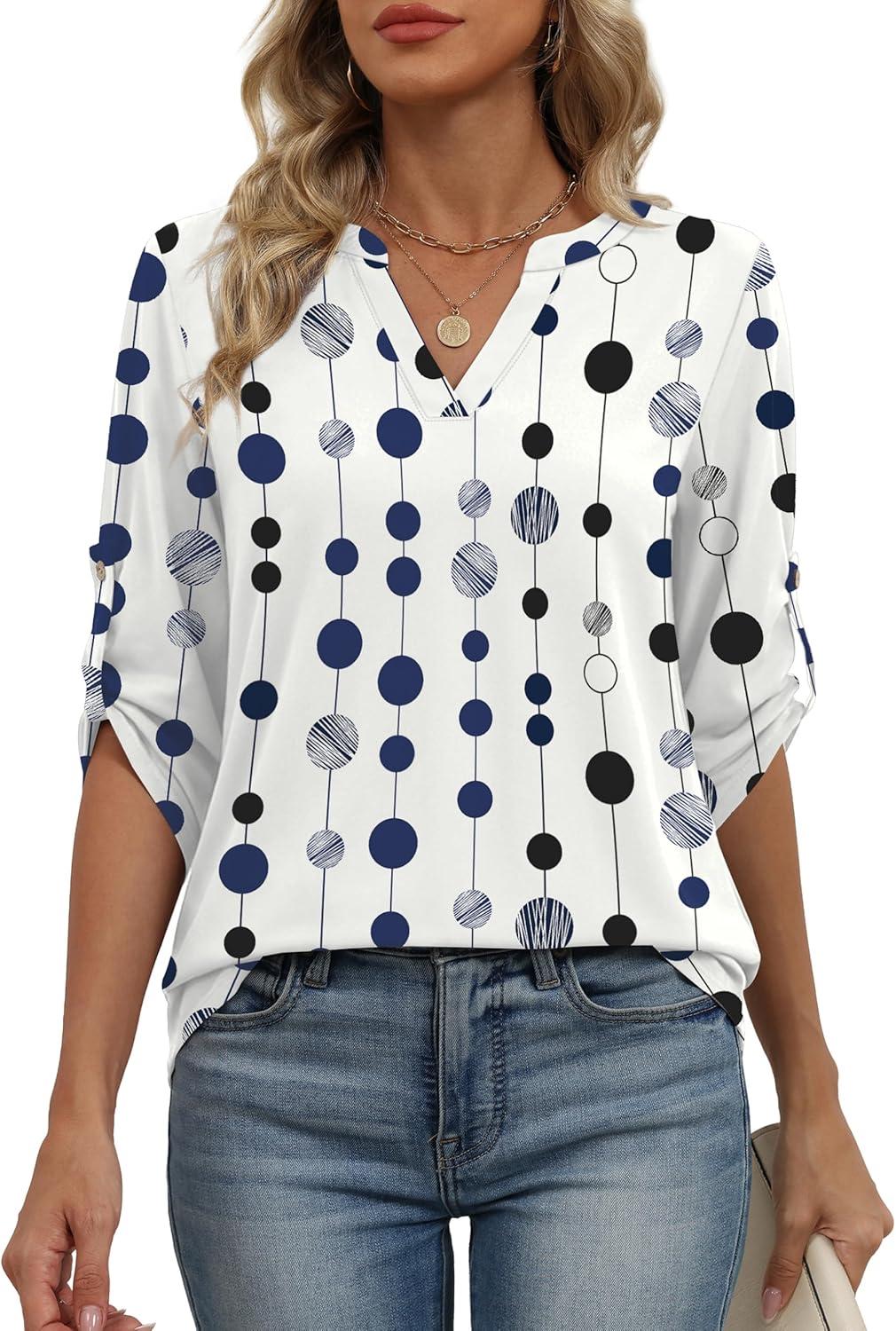 image:imageXIEERDUO 34 Length Sleeve Womens Tops V Neck T Shirts Both Side Buttons Blouses Business Casual Outfits Loose FitZ Polka Dot Print