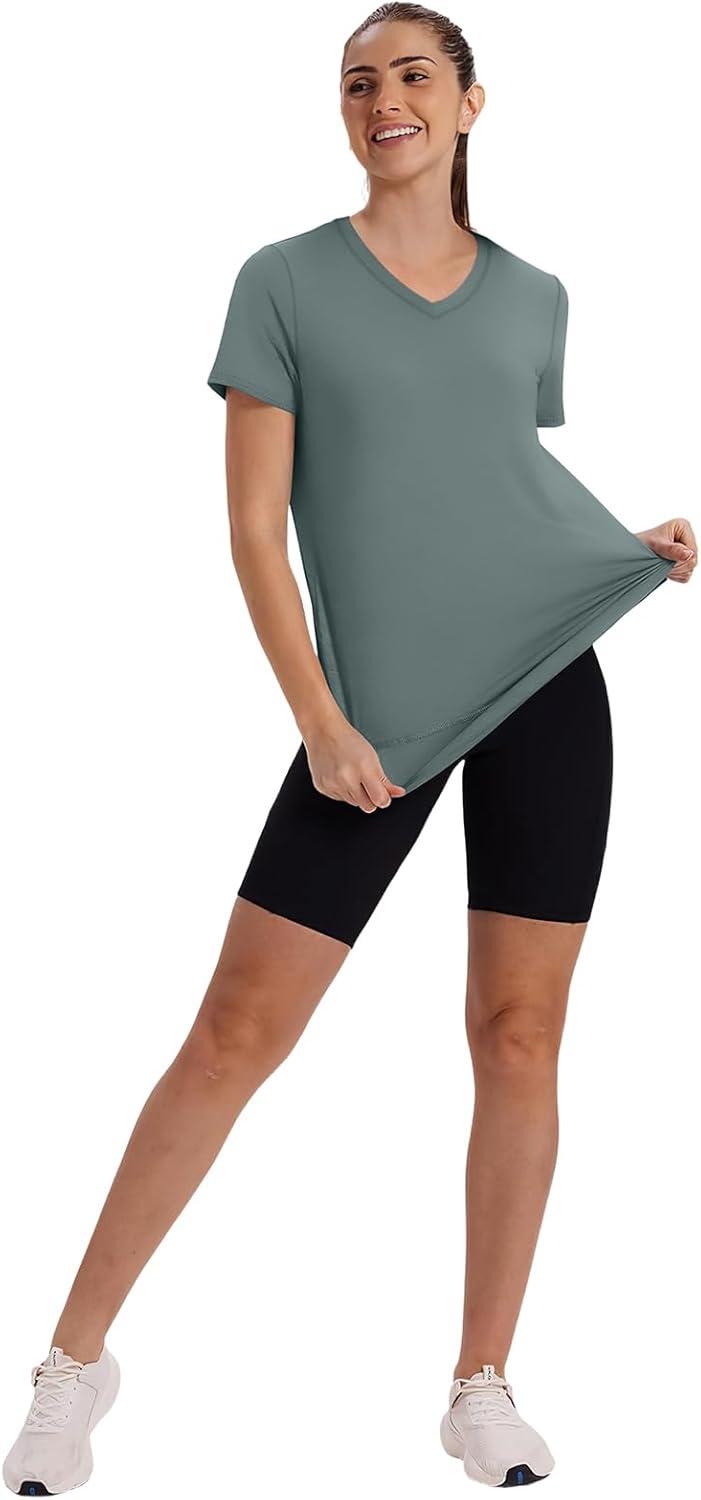 image:imageXIEERDUO Womens Workout Tops Short Sleeve Shirts Sun Protection UPF 50 Quick Dry Outfits for Hiking Running V Neck S3XL14 Grey Green