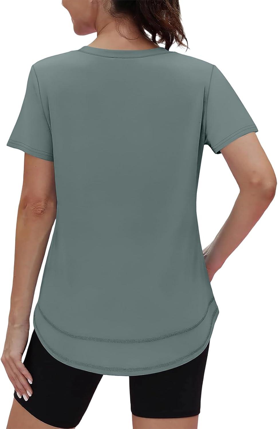 image:imageXIEERDUO Womens Workout Tops Short Sleeve Shirts Sun Protection UPF 50 Quick Dry Outfits for Hiking Running V Neck S3XL14 Grey Green