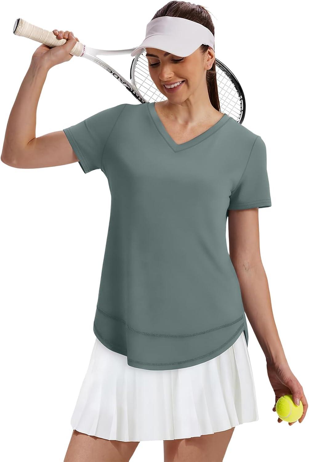 image:imageXIEERDUO Womens Workout Tops Short Sleeve Shirts Sun Protection UPF 50 Quick Dry Outfits for Hiking Running V Neck S3XL14 Grey Green