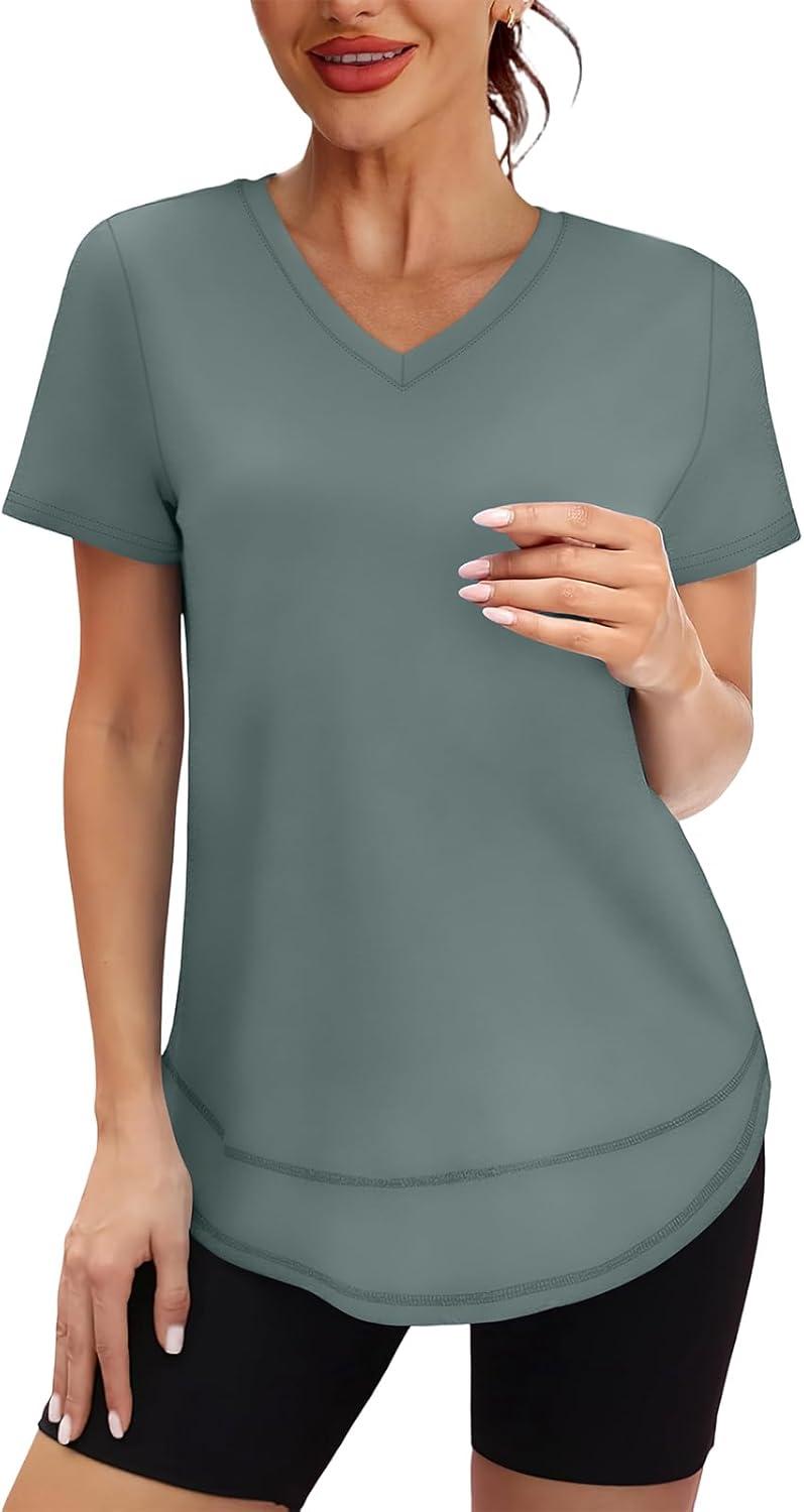 image:imageXIEERDUO Womens Workout Tops Short Sleeve Shirts Sun Protection UPF 50 Quick Dry Outfits for Hiking Running V Neck S3XL14 Grey Green