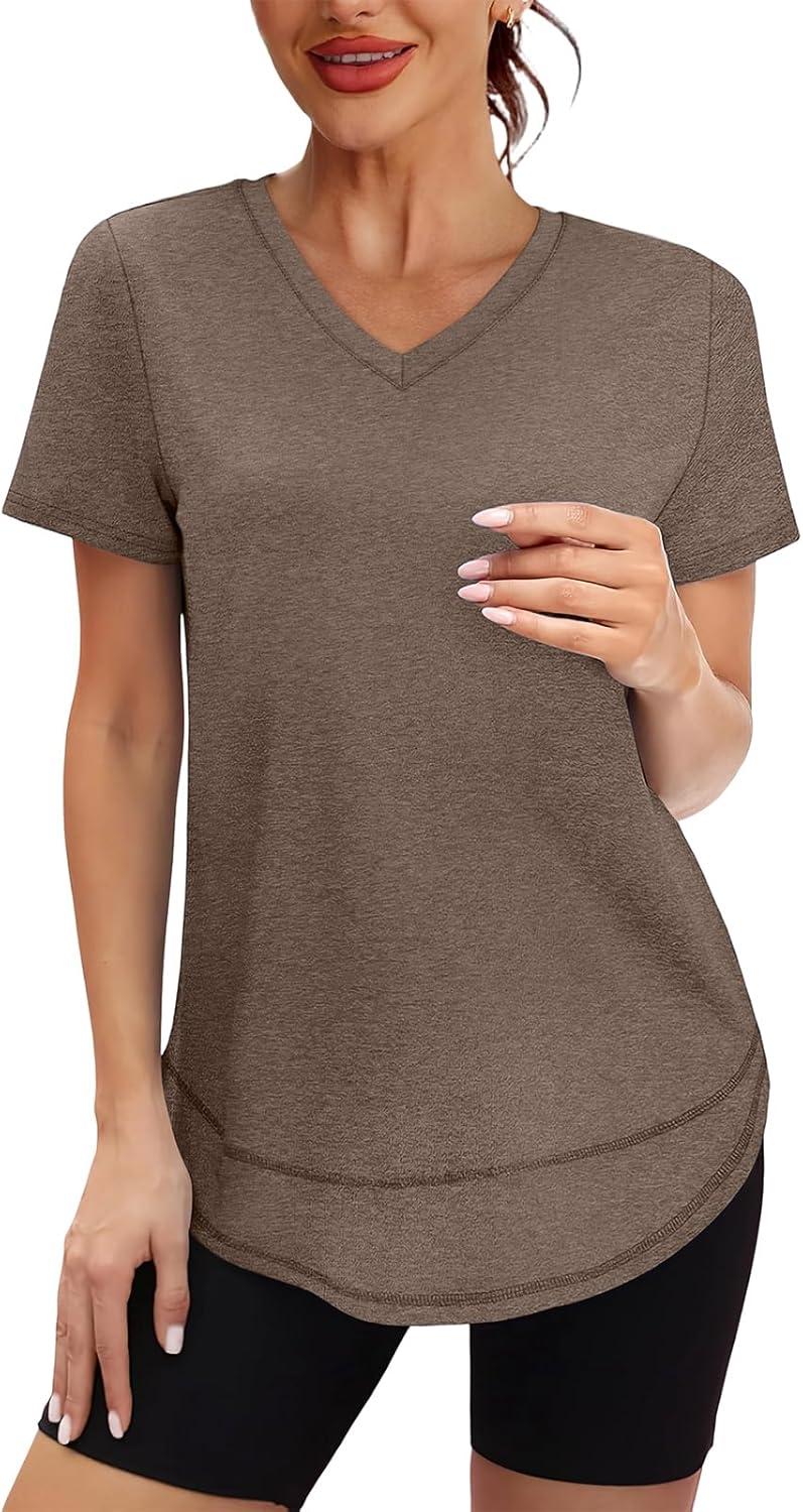 image:imageXIEERDUO Womens Workout Tops Short Sleeve Shirts Sun Protection UPF 50 Quick Dry Outfits for Hiking Running V Neck S3XL16 Brown
