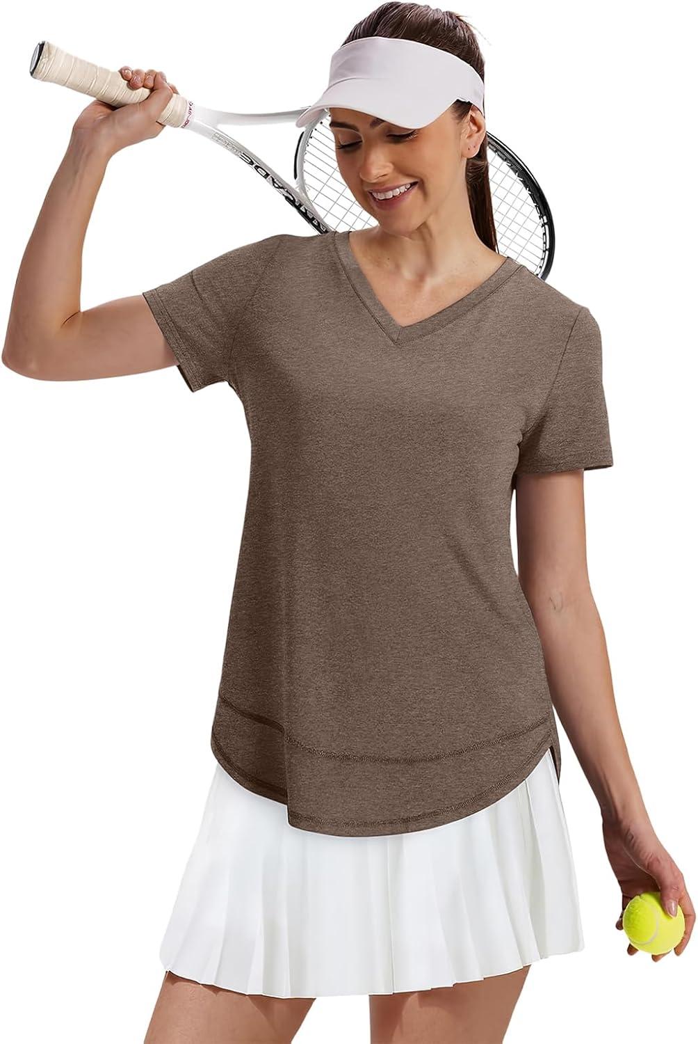 image:imageXIEERDUO Womens Workout Tops Short Sleeve Shirts Sun Protection UPF 50 Quick Dry Outfits for Hiking Running V Neck S3XL16 Brown