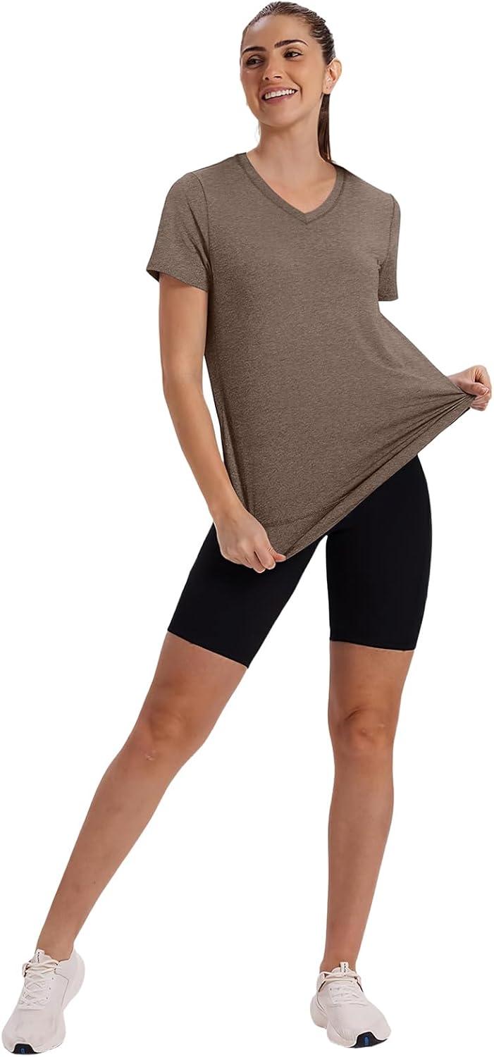 image:imageXIEERDUO Womens Workout Tops Short Sleeve Shirts Sun Protection UPF 50 Quick Dry Outfits for Hiking Running V Neck S3XL16 Brown