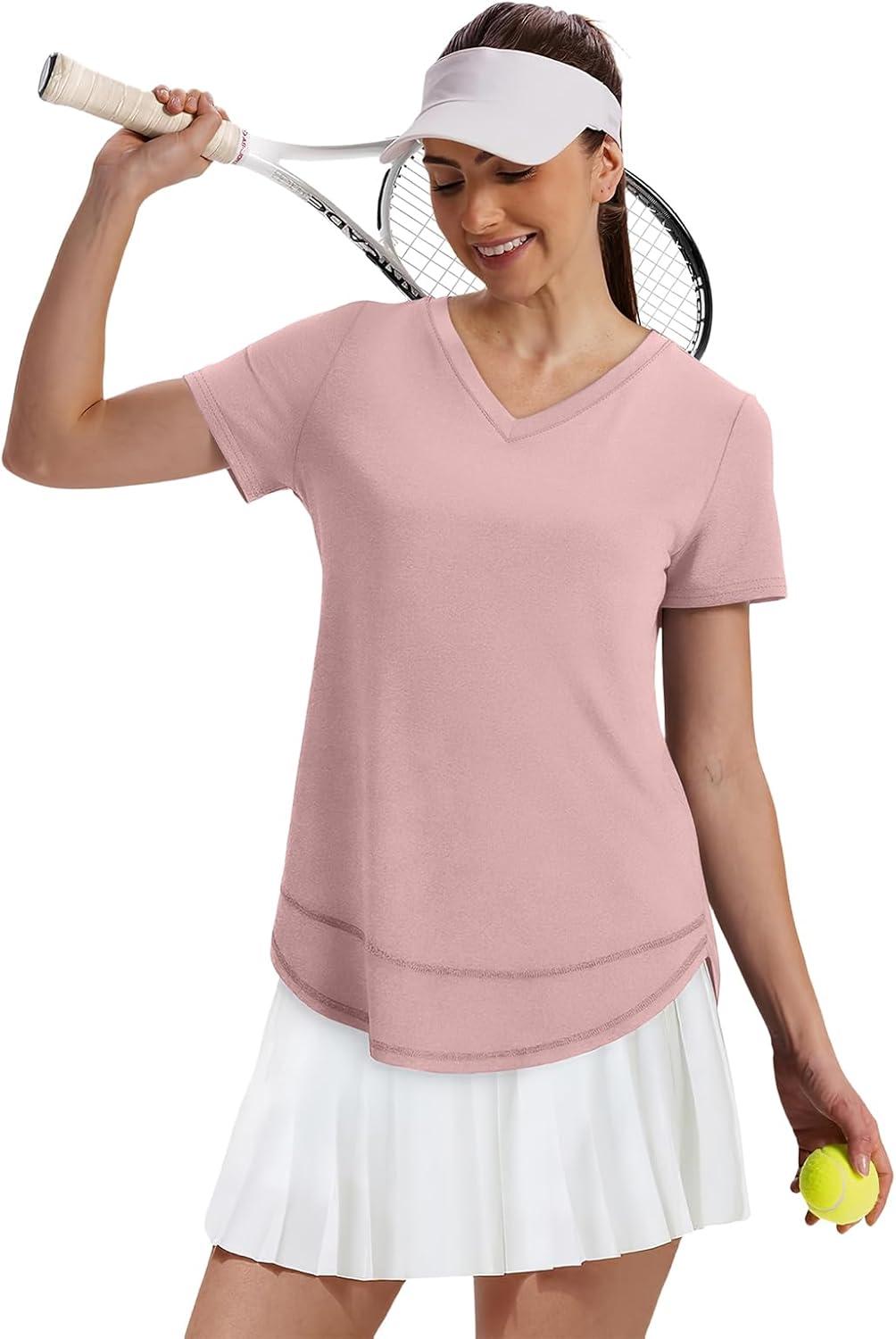 image:imageXIEERDUO Womens Workout Tops Short Sleeve Shirts Sun Protection UPF 50 Quick Dry Outfits for Hiking Running V Neck S3XL17 Peach Pink