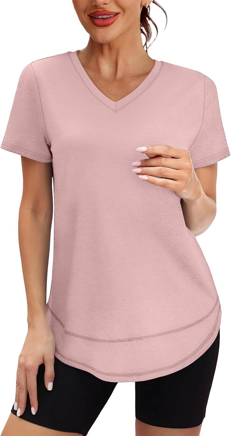 image:imageXIEERDUO Womens Workout Tops Short Sleeve Shirts Sun Protection UPF 50 Quick Dry Outfits for Hiking Running V Neck S3XL17 Peach Pink