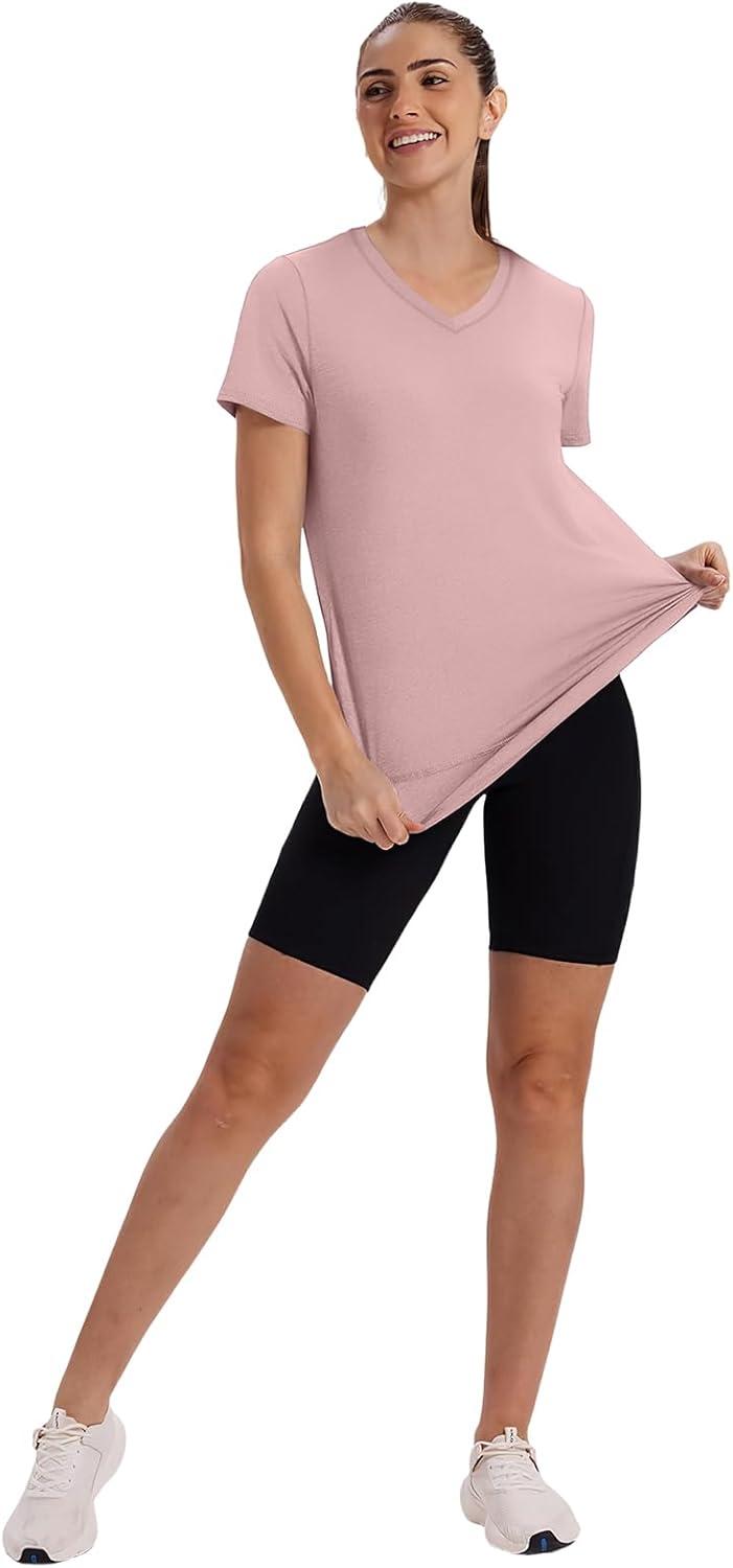 image:imageXIEERDUO Womens Workout Tops Short Sleeve Shirts Sun Protection UPF 50 Quick Dry Outfits for Hiking Running V Neck S3XL17 Peach Pink