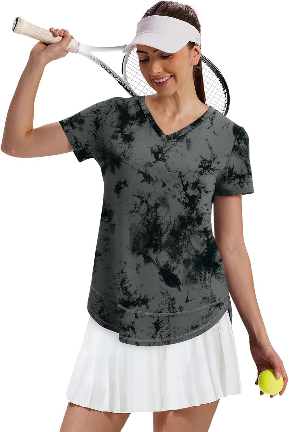 image:imageXIEERDUO Womens Workout Tops Short Sleeve Shirts Sun Protection UPF 50 Quick Dry Outfits for Hiking Running V Neck S3XL18 Tiedye Print Black