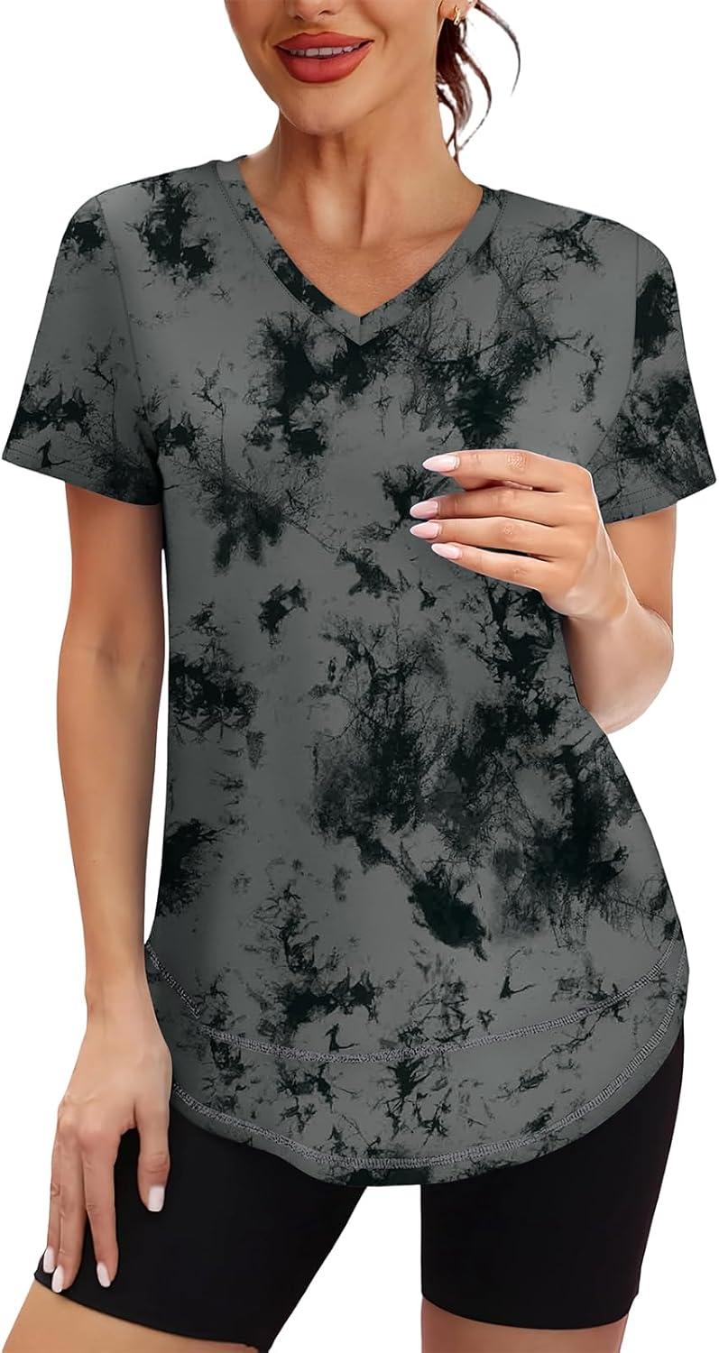 image:imageXIEERDUO Womens Workout Tops Short Sleeve Shirts Sun Protection UPF 50 Quick Dry Outfits for Hiking Running V Neck S3XL18 Tiedye Print Black