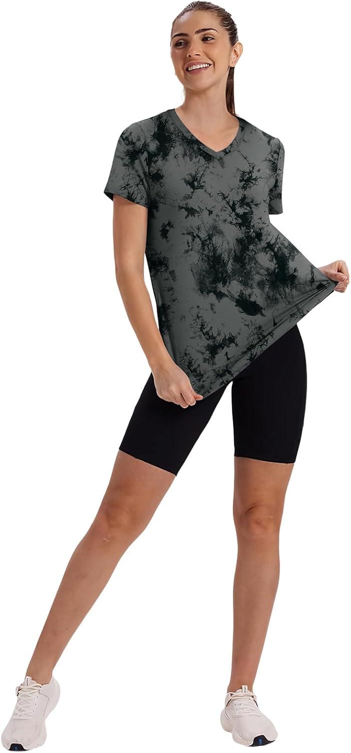 image:imageXIEERDUO Womens Workout Tops Short Sleeve Shirts Sun Protection UPF 50 Quick Dry Outfits for Hiking Running V Neck S3XL18 Tiedye Print Black