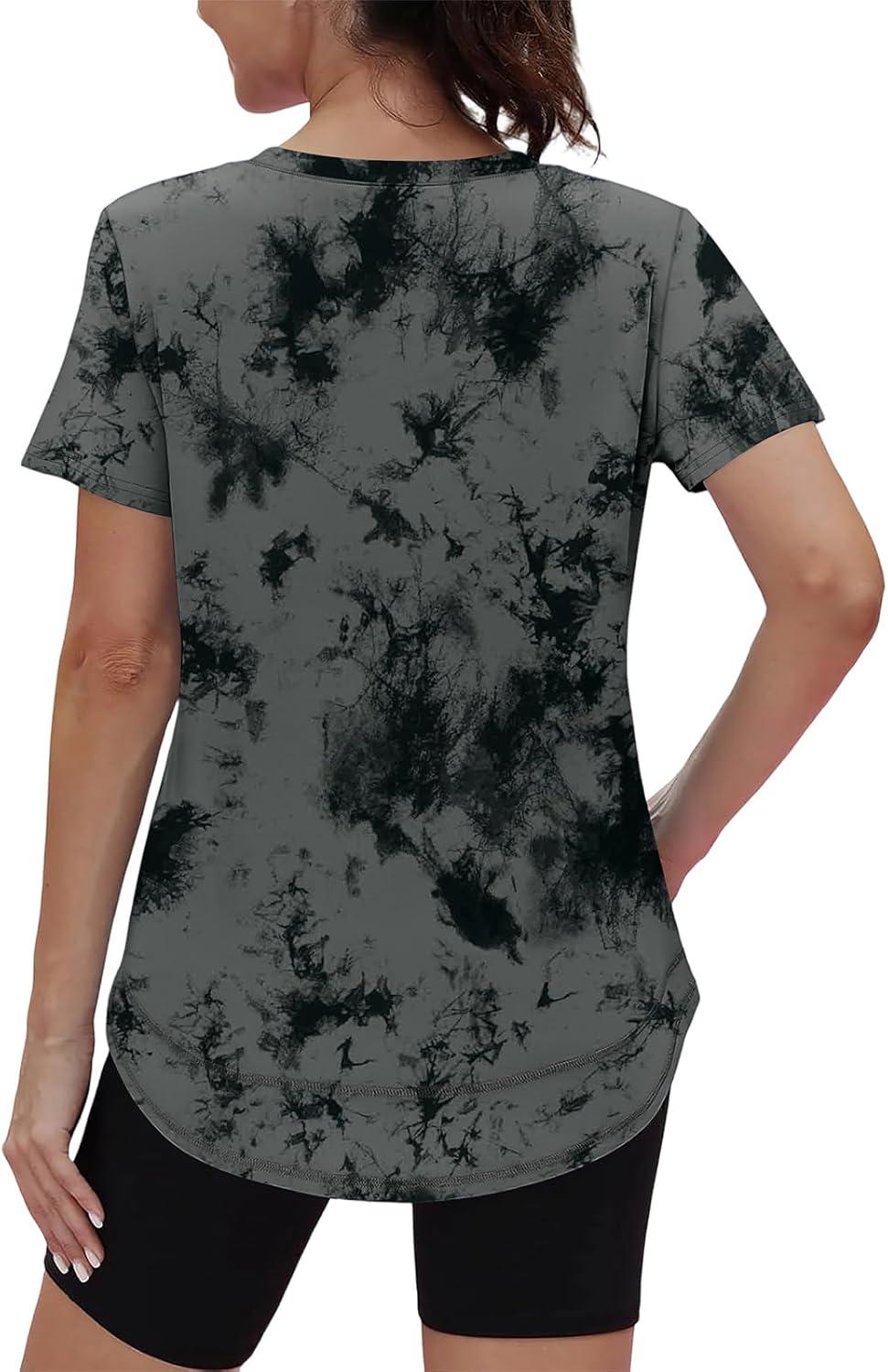 image:imageXIEERDUO Womens Workout Tops Short Sleeve Shirts Sun Protection UPF 50 Quick Dry Outfits for Hiking Running V Neck S3XL18 Tiedye Print Black