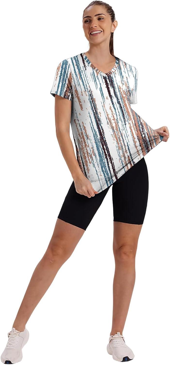 image:imageXIEERDUO Womens Workout Tops Short Sleeve Shirts Sun Protection UPF 50 Quick Dry Outfits for Hiking Running V Neck S3XL19 Tiedye Print White