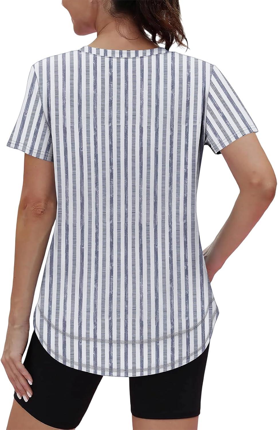 image:imageXIEERDUO Womens Workout Tops Short Sleeve Shirts Sun Protection UPF 50 Quick Dry Outfits for Hiking Running V Neck S3XL21 Striped Print Blue